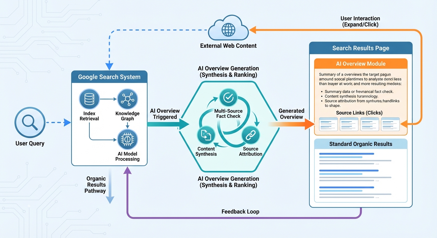 Diagram illustrating the flow of traffic and interactions in Google AI Overviews.