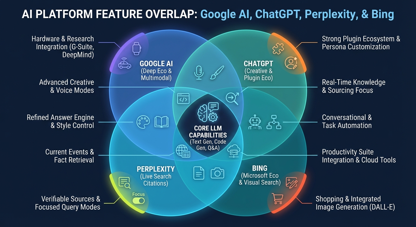 A Venn diagram illustrating the overlap and differences in features among Google AI, ChatGPT, Perplexity, and Bing.