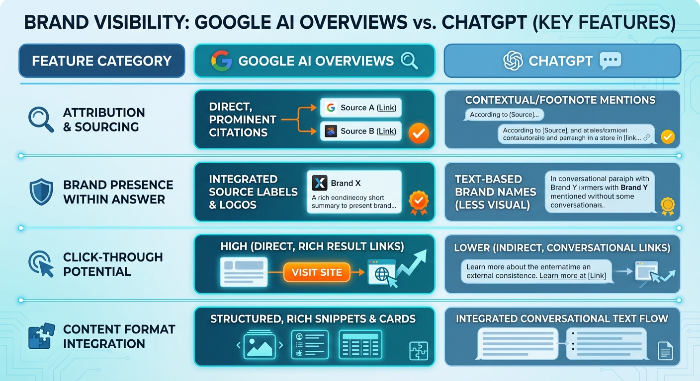 A table comparing the key features of Google AI Overviews and ChatGPT in terms of brand visibility.