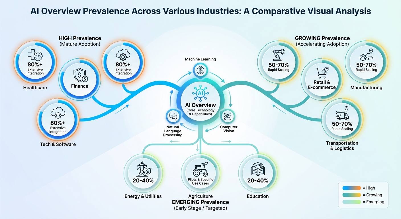 A diagram illustrating AI Overview prevalence across various industries.
