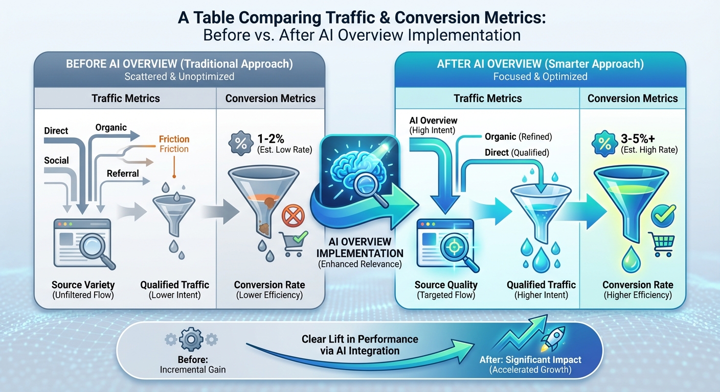 A table comparing traffic and conversion metrics before and after AI Overview implementation.